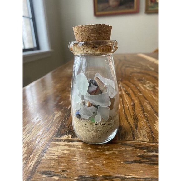 Decorative Glass Bottle With Cork Lid Filled With Sand Sea Glass & Mini Shells - Picture 1 of 6
